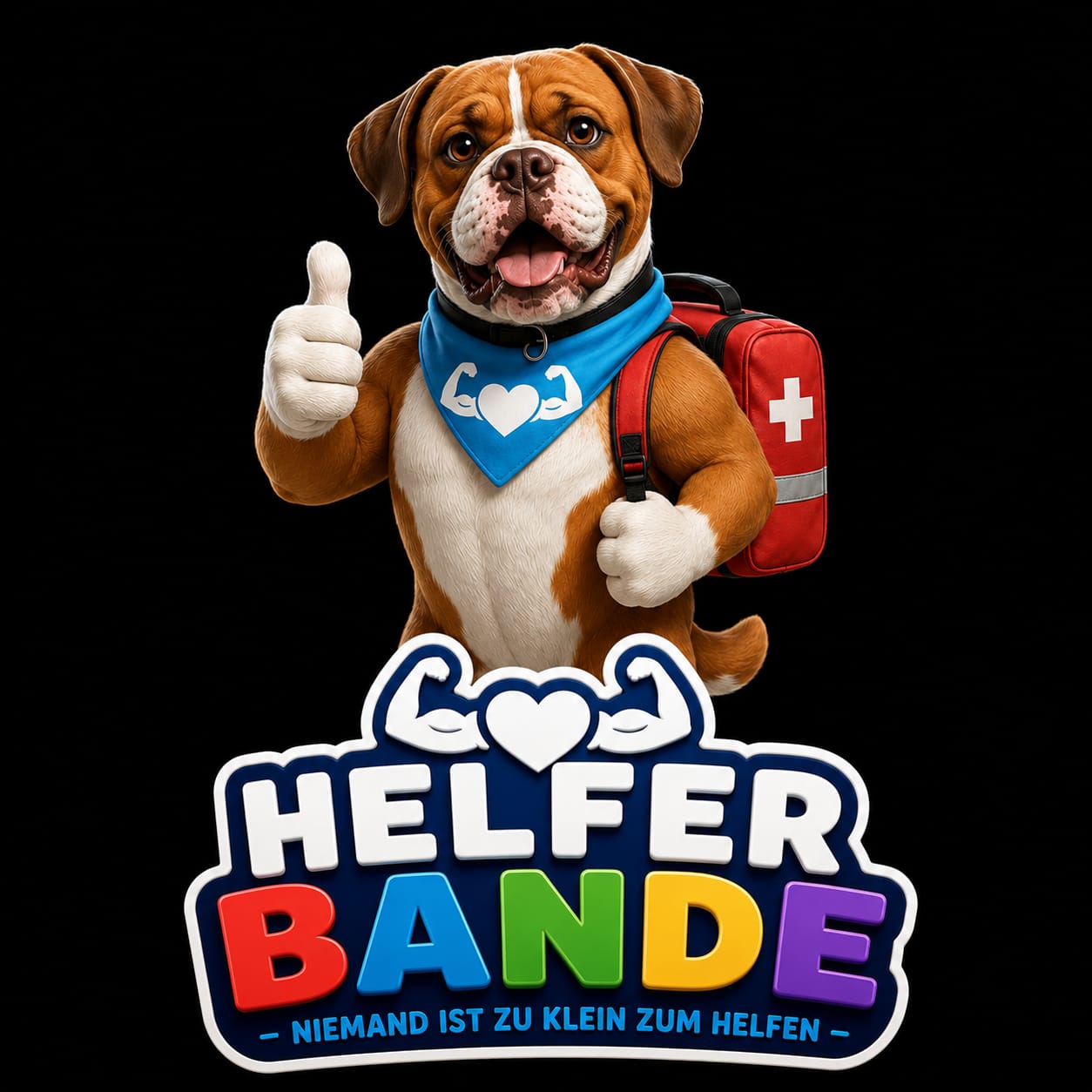 Kurslogo Helferbande mit dem Maskottchen und Erste-Hilfe-Tasche